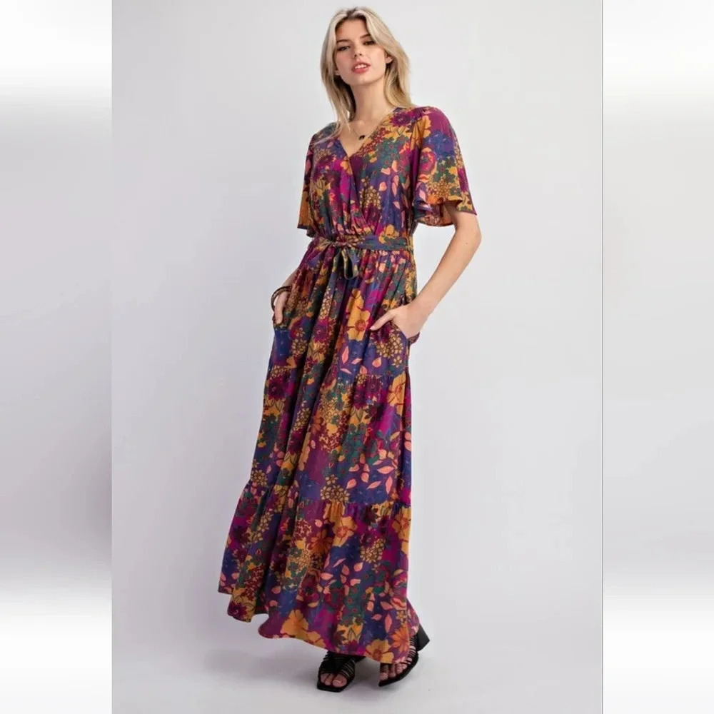 Easel Floral Challis Short Sleeve Maxi Dress New - Picture 6 of 6